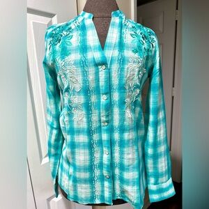 Panhandle Turquoise Plaid Embroidered Button-Up Shirt Size S.